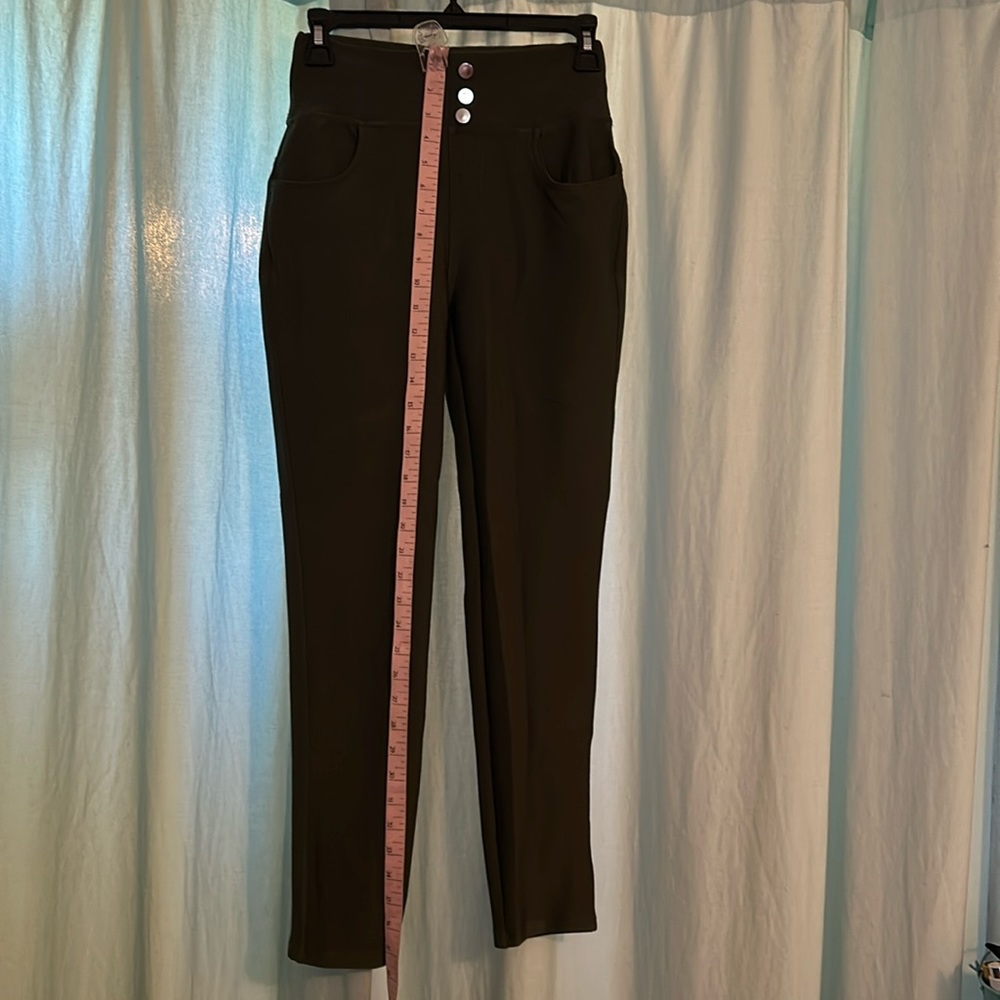 Olive green stretch chinos with four pockets tapered leg ankle length
